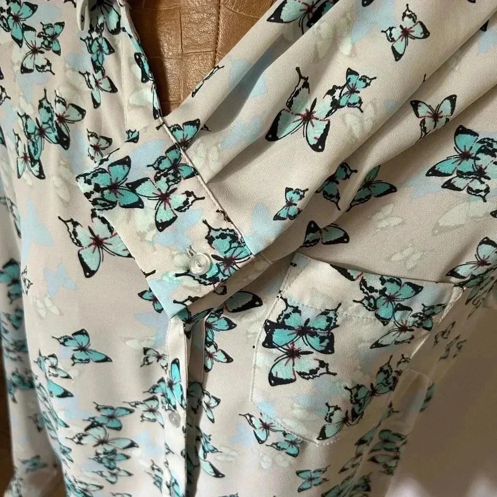 The Limited Ashton Butterfly Print Button Down Blouse Teal Cream Small - Picture 7 of 7